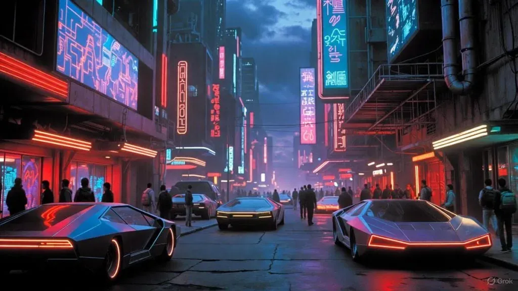 A cyberpunk city generated by Grok AI, with a watermark