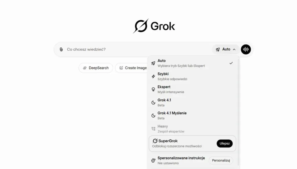 The expanded Grok mode menu: Auto, Quick, Expert, Grok 4.1