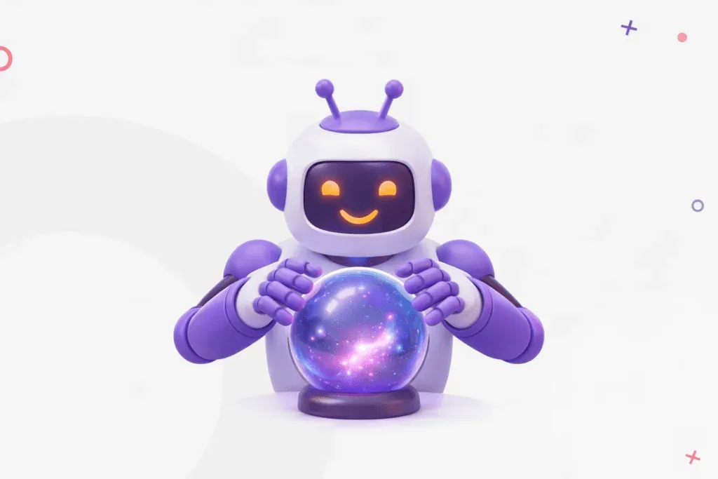 An AI robot with a magic ball, illustrating an article about AI (LLM) hallucinations