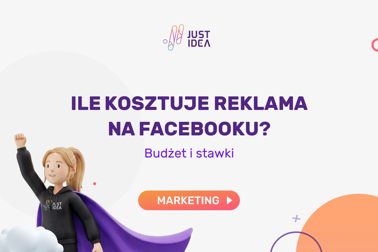Postać w fioletowej pelerynie obok napisu „Ile kosztuje reklama na Facebooku? Budżet i stawki”, kategoria Marketing