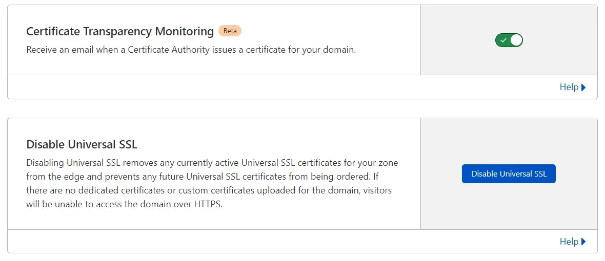 Certificate Transparency Monitoring switched on above the Disable Universal SSL button