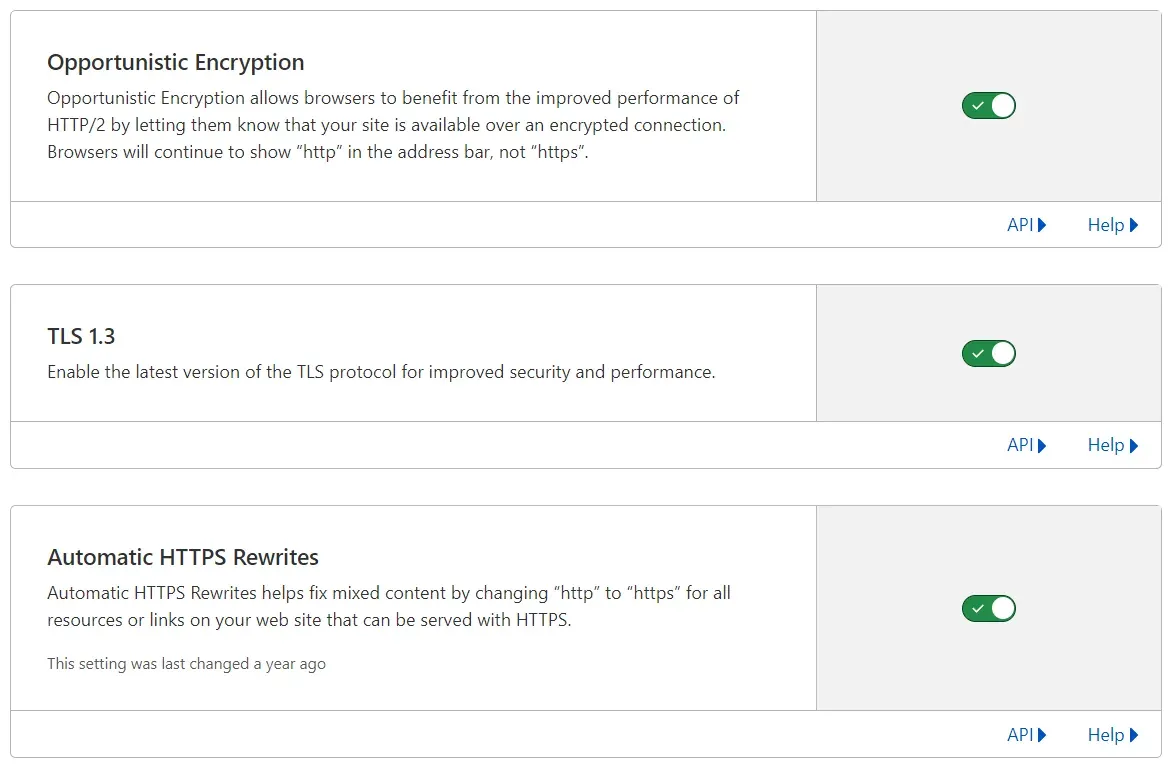 Opportunistic Encryption, TLS 1.3 and Automatic HTTPS Rewrites options enabled