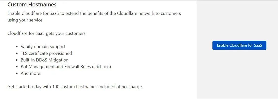 Custom Hostnames section with the Enable Cloudflare for SaaS button