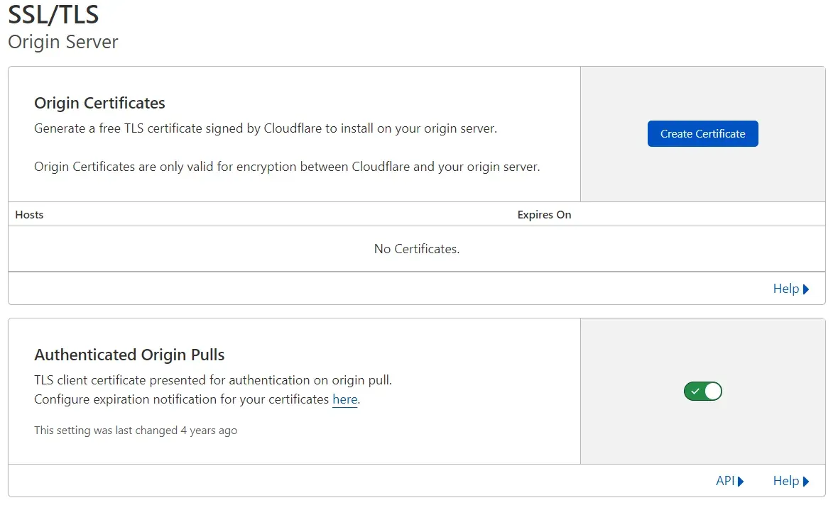Origin Server tab: no origin certificates, Authenticated Origin Pulls enabled
