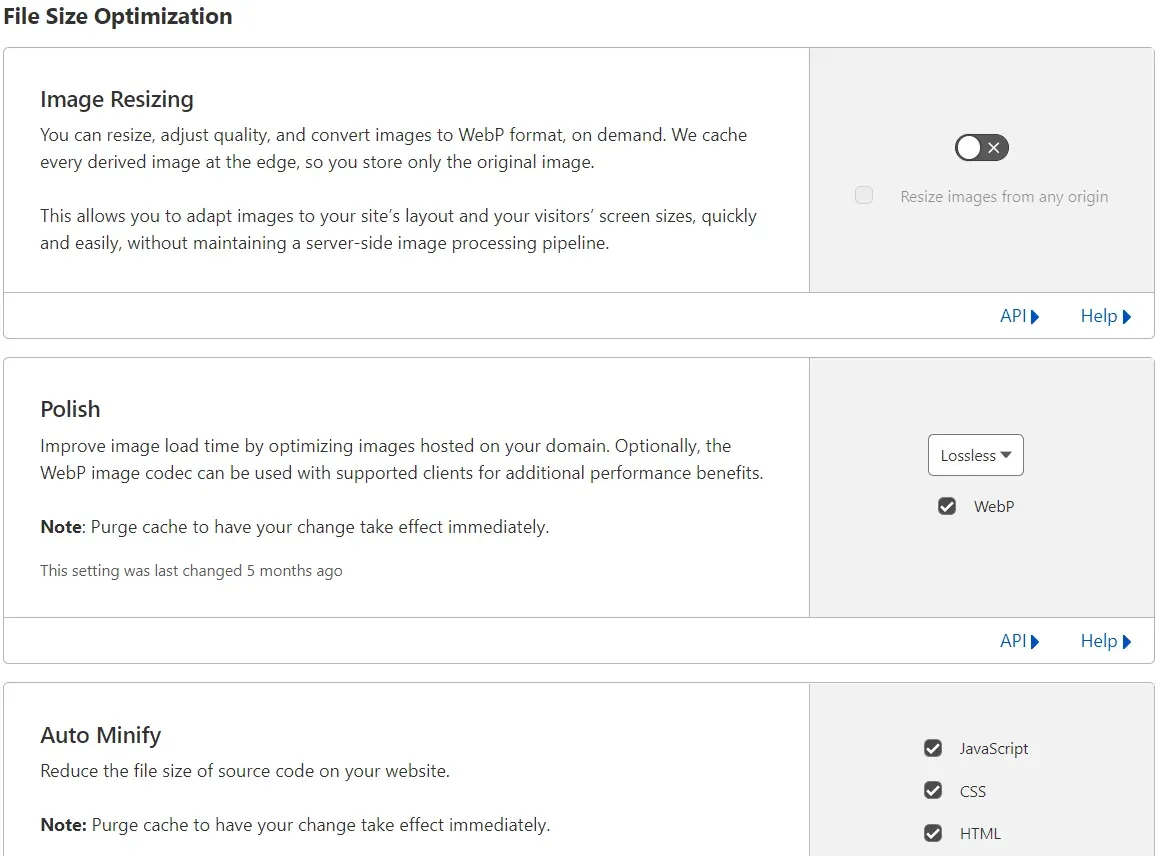 File Size Optimization section with Polish and Auto Minify enabled