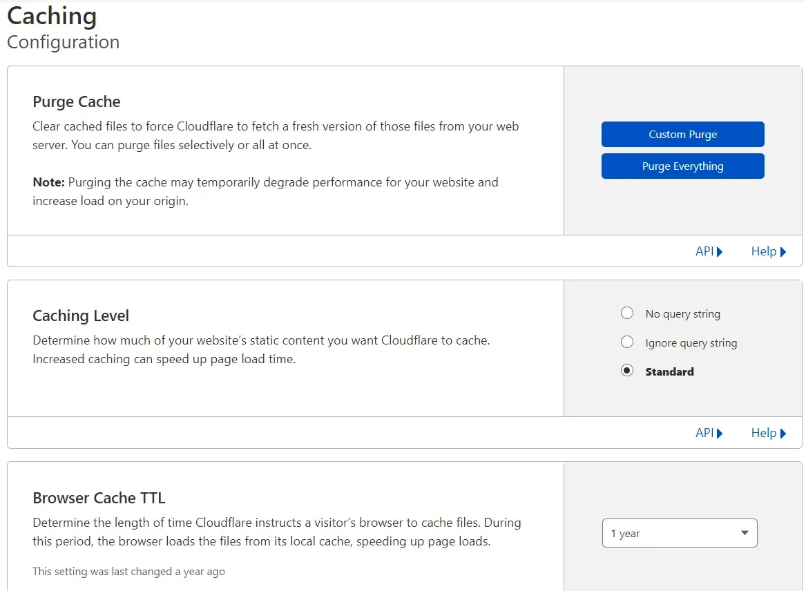 Caching Configuration panel with Purge Cache and Browser Cache TTL options