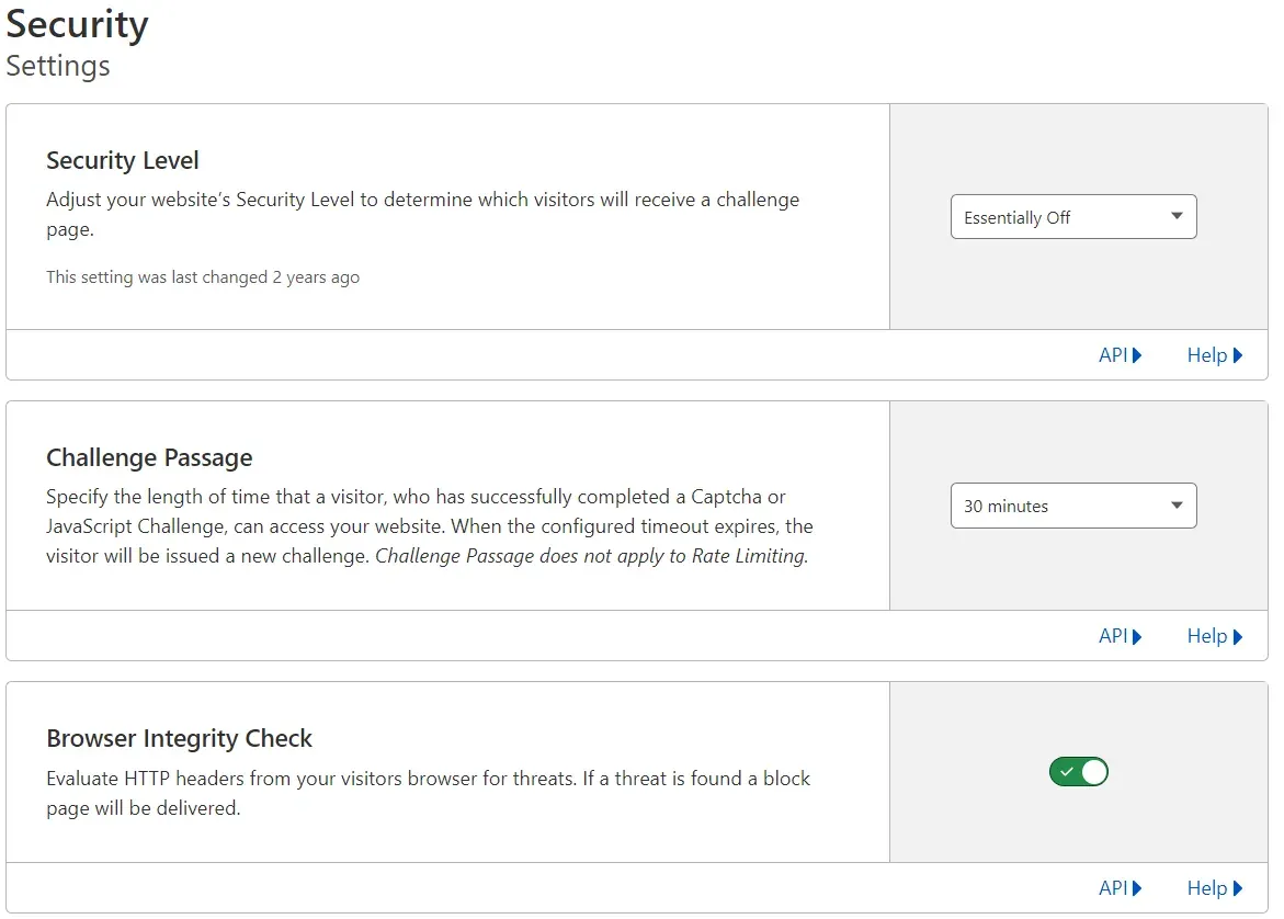 Security settings: Essentially Off level and Browser Integrity Check enabled