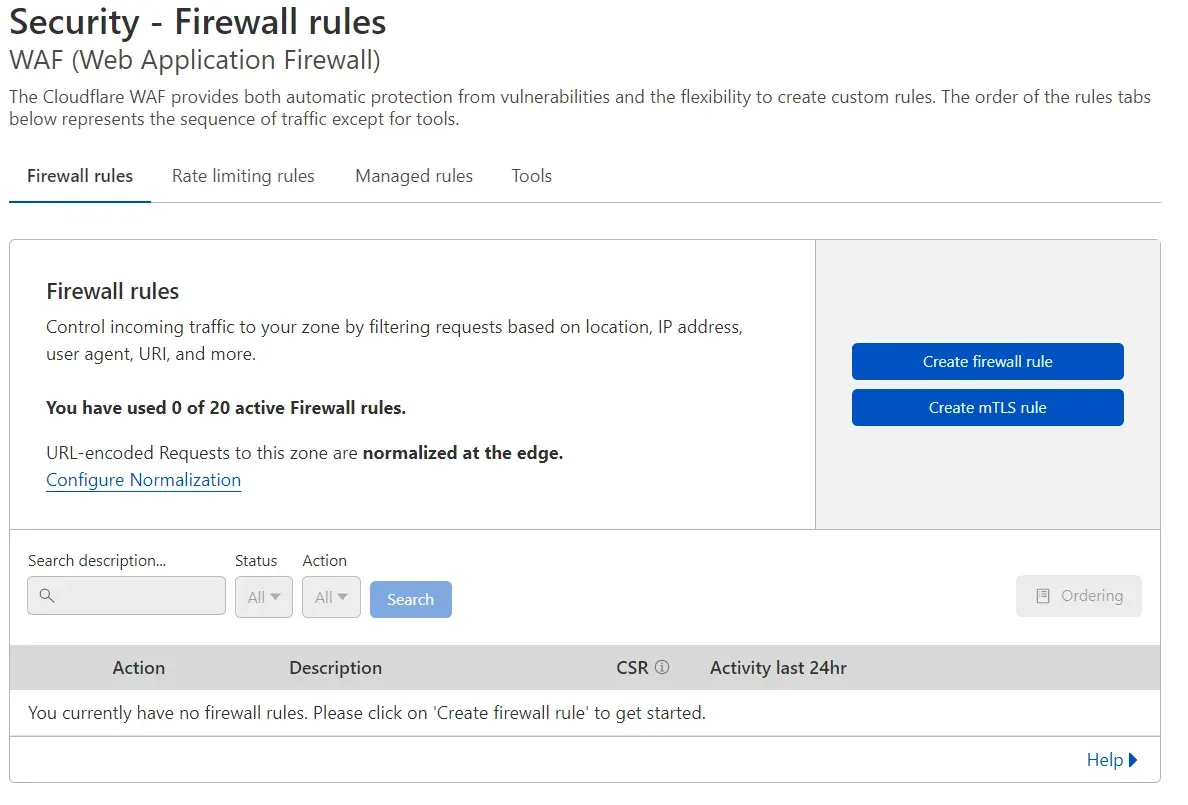 Security Firewall Rules tab showing a counter of 0 out of 20 active rules