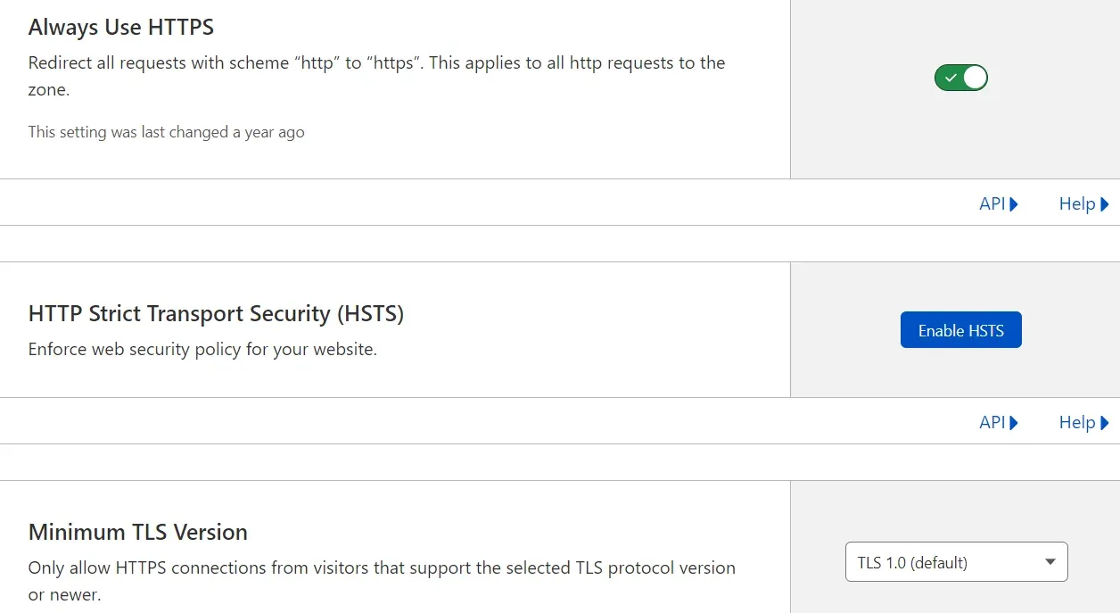 Always Use HTTPS, HSTS and Minimum TLS Version settings in Cloudflare