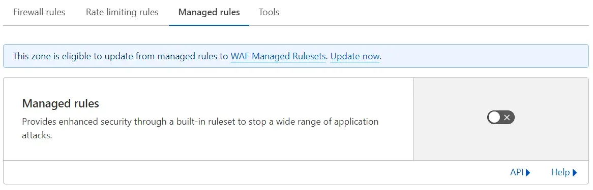 Managed Rules tab with the managed rules toggle switched off