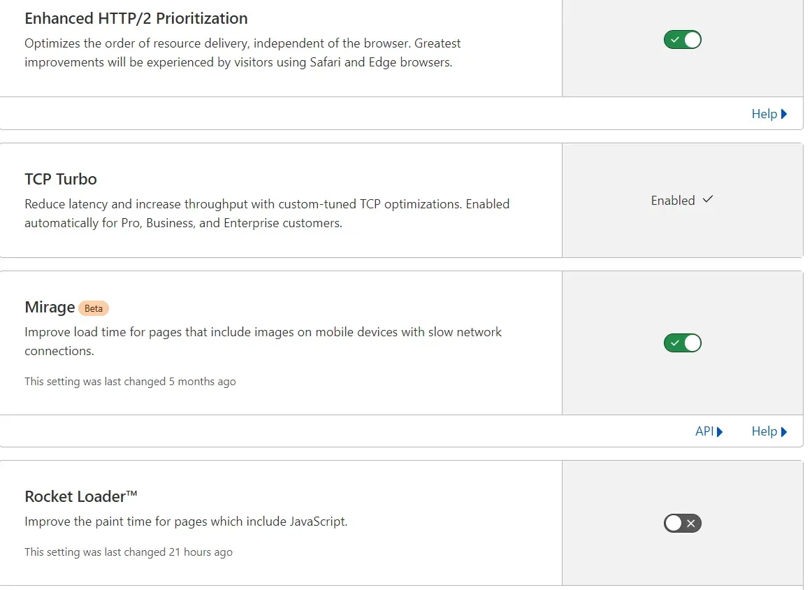 HTTP/2 Prioritization, TCP Turbo and Mirage settings in the Speed tab