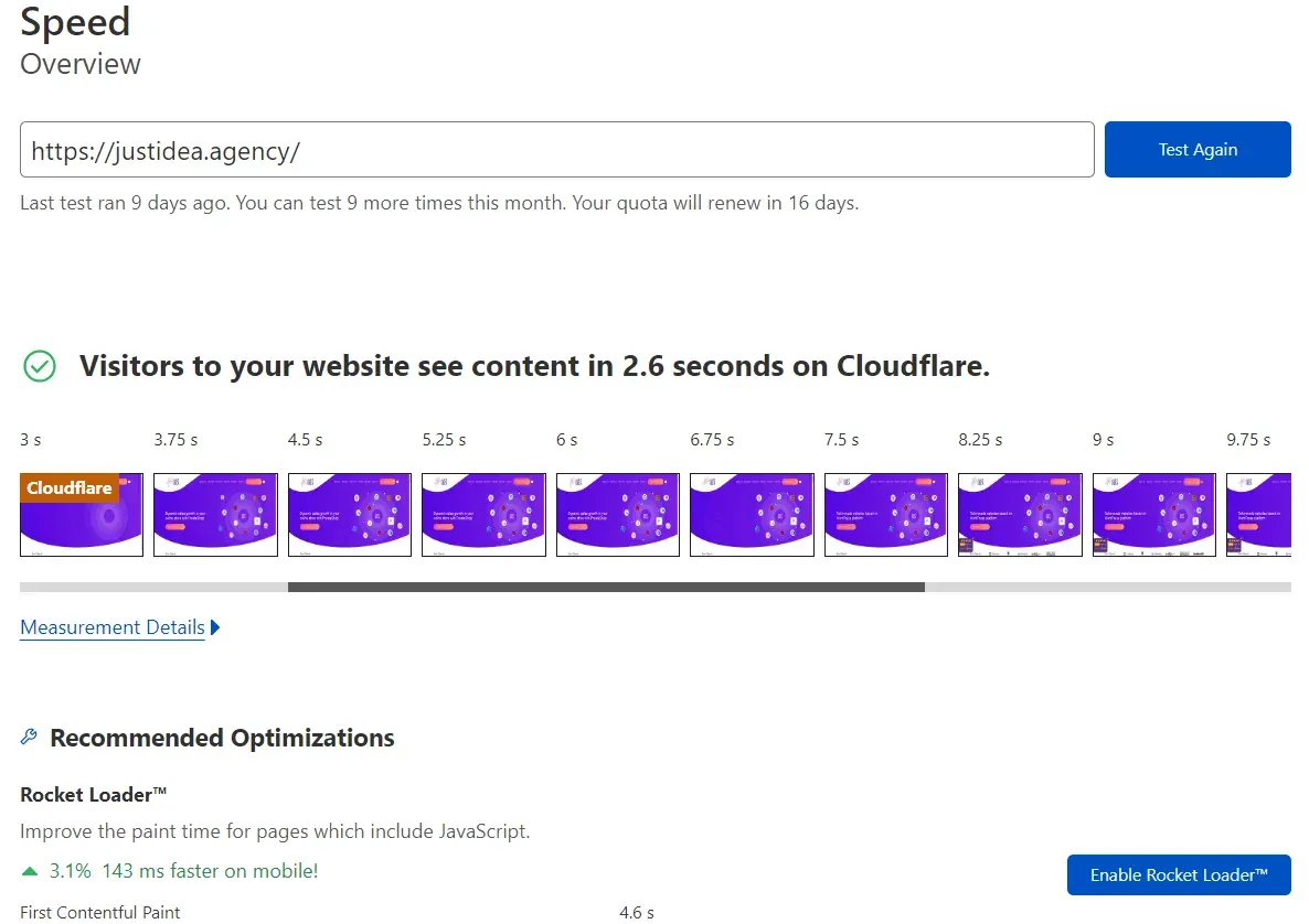 Speed Overview test for justidea.agency, result 2.6 seconds