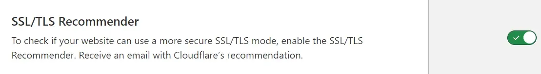 Cloudflare SSL/TLS Recommender panel with the toggle switched on