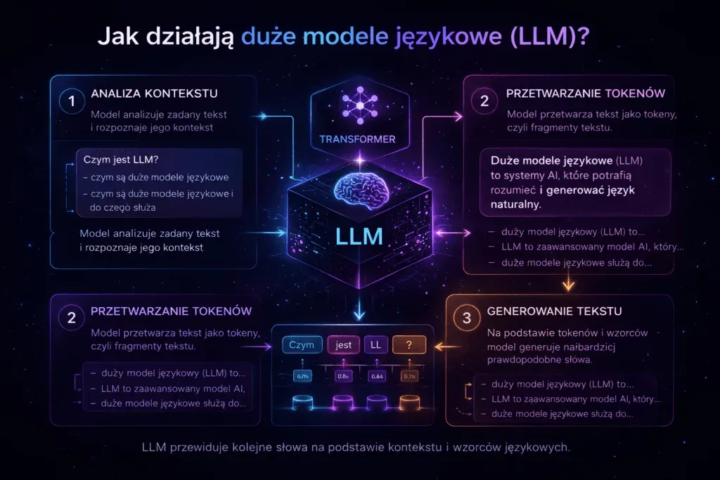Diagram of how an LLM works: context analysis, tokens, text generation
