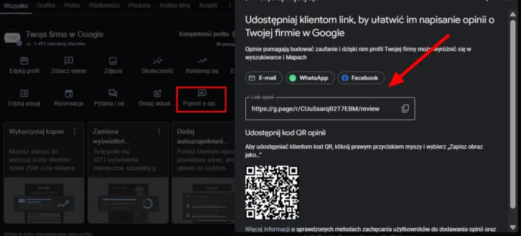 The review link and QR code sharing window in a Google Business Profile