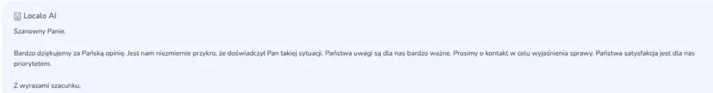 Example reply to a review generated by Localo AI