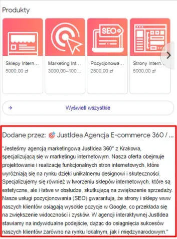 Google Business Profile: JustIdea's Products section and business description with service prices