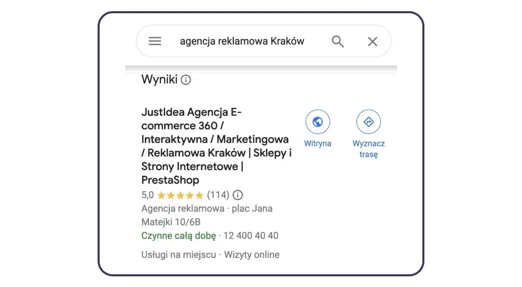 JustIdea's Google Maps listing with a 5.0 rating and 114 reviews in local results