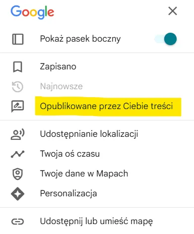 Google Maps menu on desktop with the “Content you've posted” option