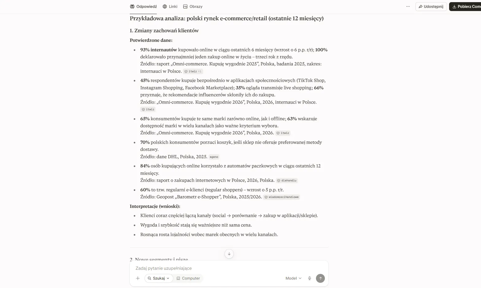 Odpowiedź Perplexity na przykładowy prompt