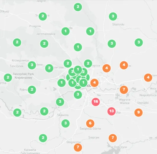 Map of Kraków showing positions 1-16 in local results for a flooring search term