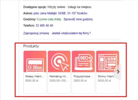 Products on a Google Business Profile