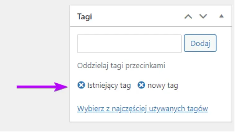 Post tags: added tags shown as labels, with an arrow pointing to the X icon