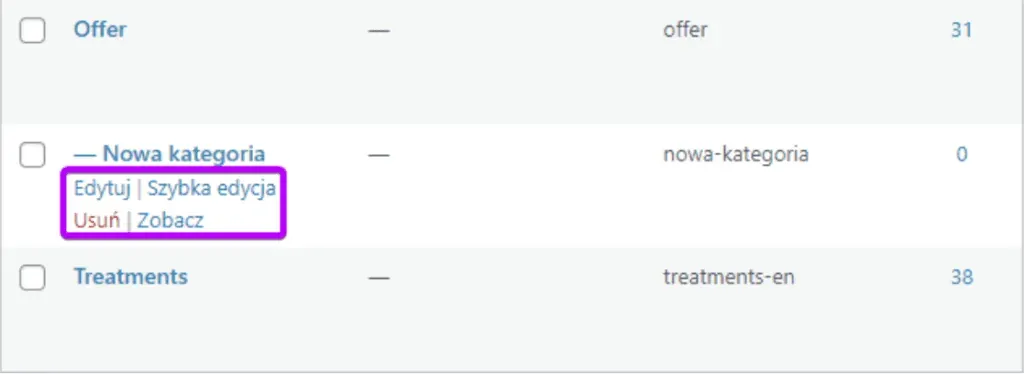 Categories: hover menu with Edit, Quick Edit, Delete