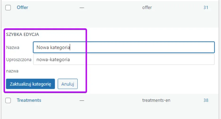 Category quick edit: Name and Slug fields