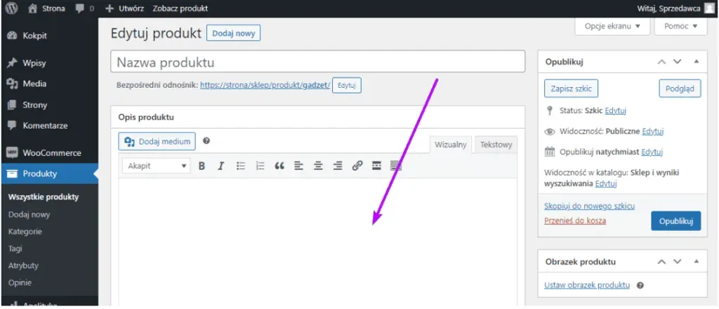 Product editing: arrow pointing to the main Product Description field