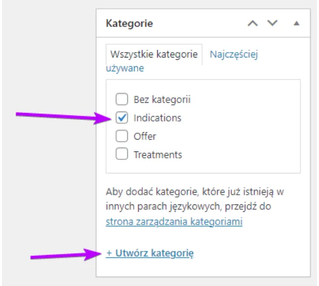 The Indications category checked, and the Add New Category link