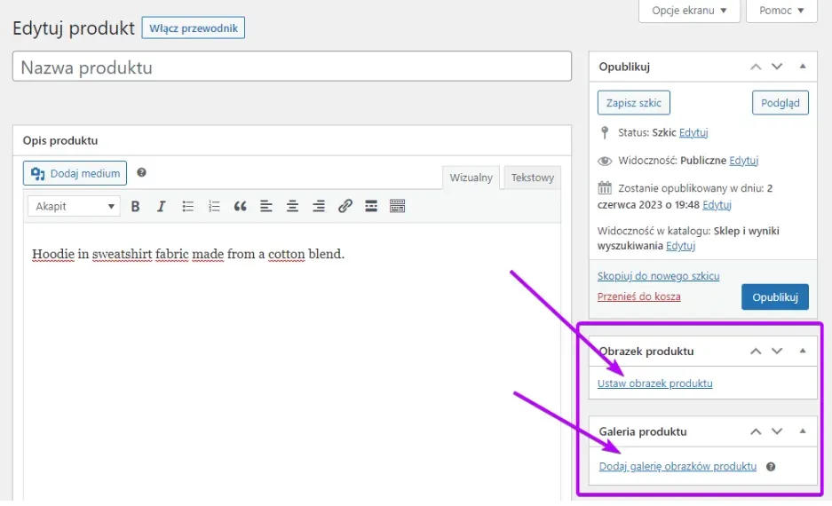 Product editing: arrows pointing to Set Product Image and Add Gallery