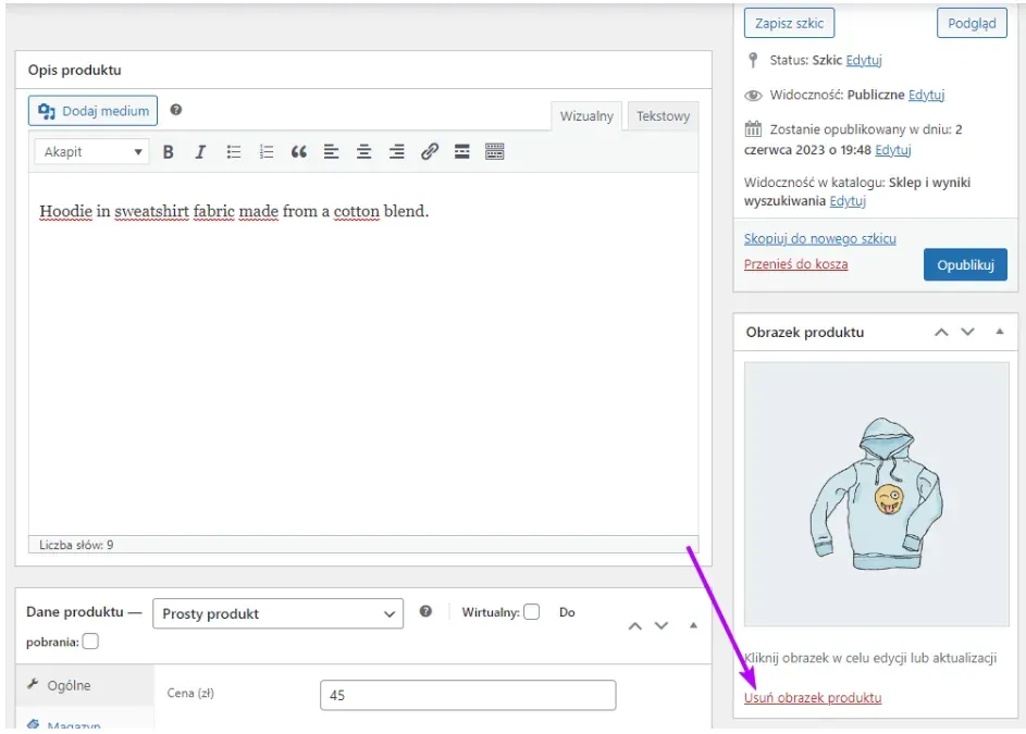 Product image: hoodie thumbnail with an arrow pointing to Remove Image