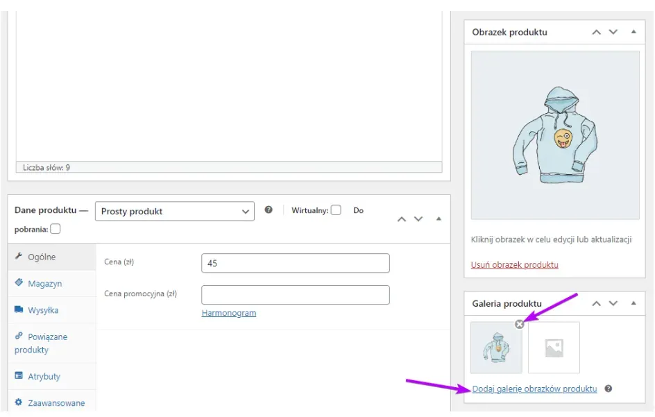 Product gallery: thumbnail with an arrow pointing to Add Gallery Images