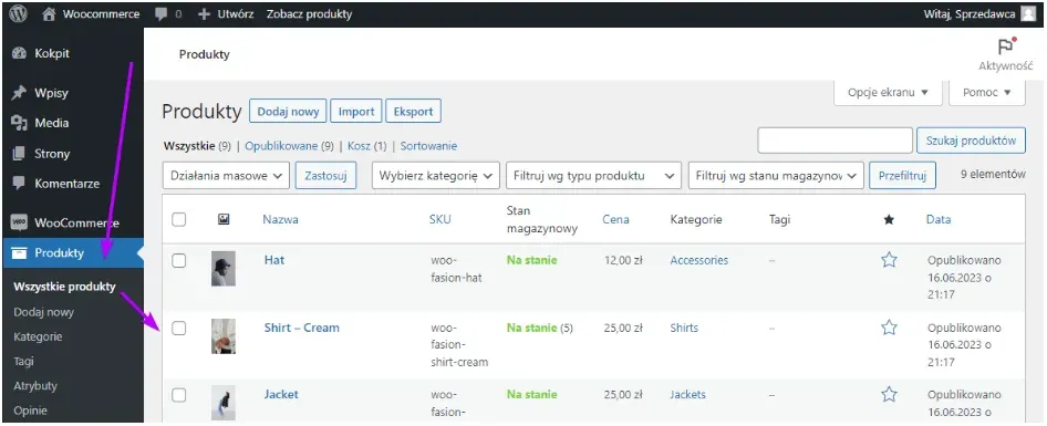 All Products list: table with SKU, stock and price