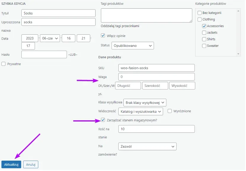 Product quick edit: Weight field and stock management checkbox