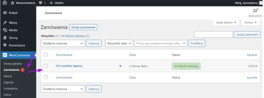 Order list: counter next to the menu and Processing status