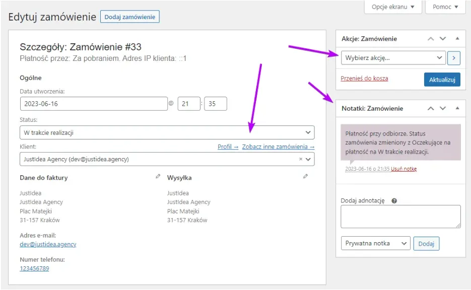 Order #33: Actions and Notes widgets with arrows