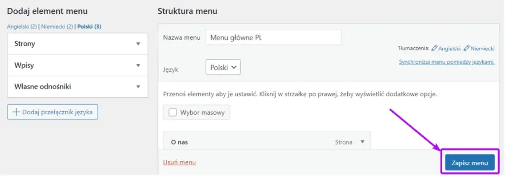 WordPress: menu structure with an arrow pointing to the Save Menu button