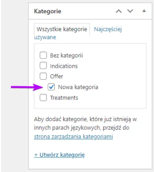 Newly created category checked in the checkbox list