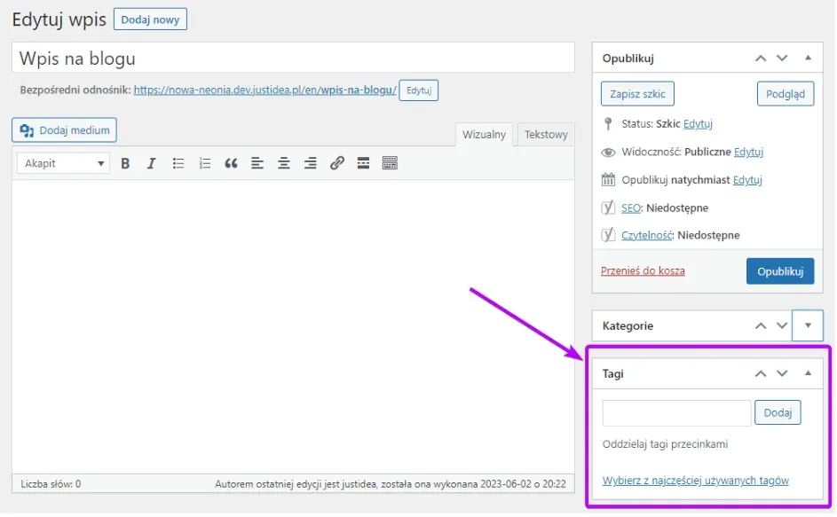 Post editor: arrow from the top to the Tags widget in the sidebar
