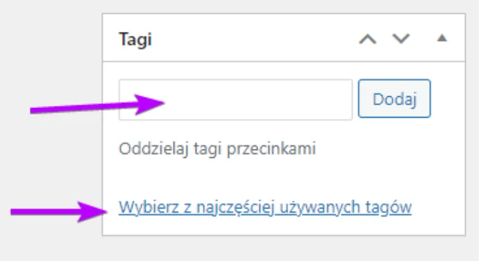 Post tags: arrows point to the text field and the popular tags link