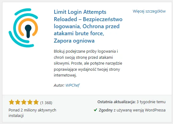 Limit Login Attempts Reloaded plugin card with a 5-star rating