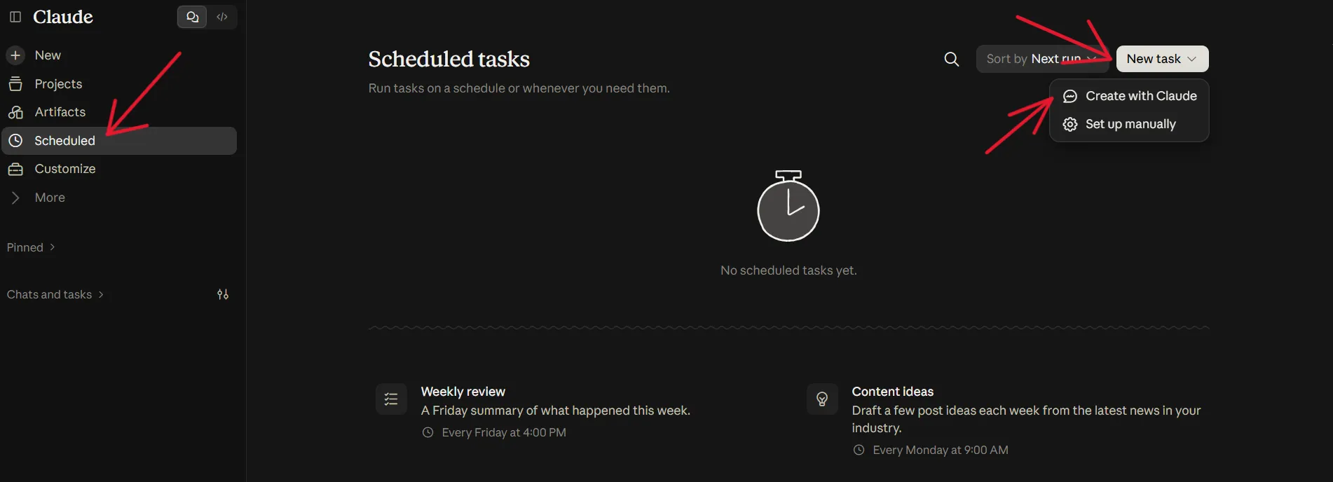 Sekcja Scheduled w Claude z przyciskiem New task i opcjami Create with Claude oraz Set up manually