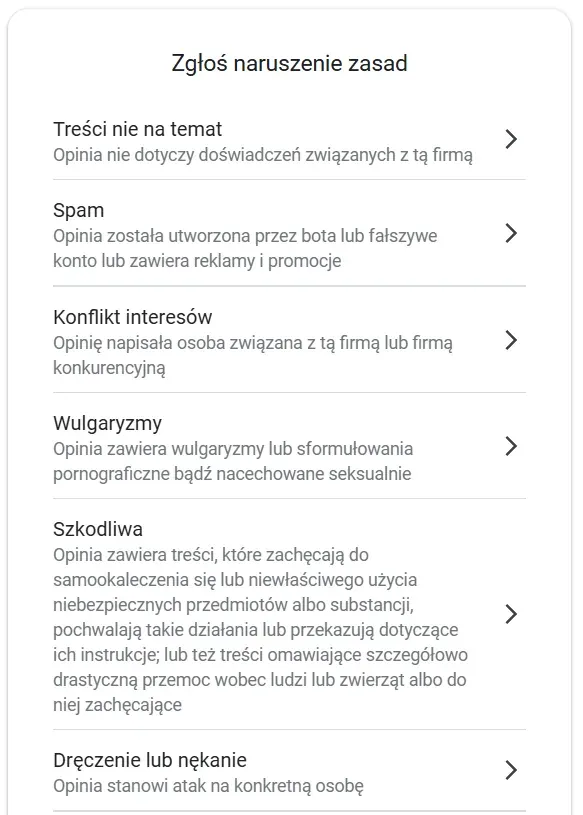 The “Report a policy violation” window with a list of reasons for reporting a Google review
