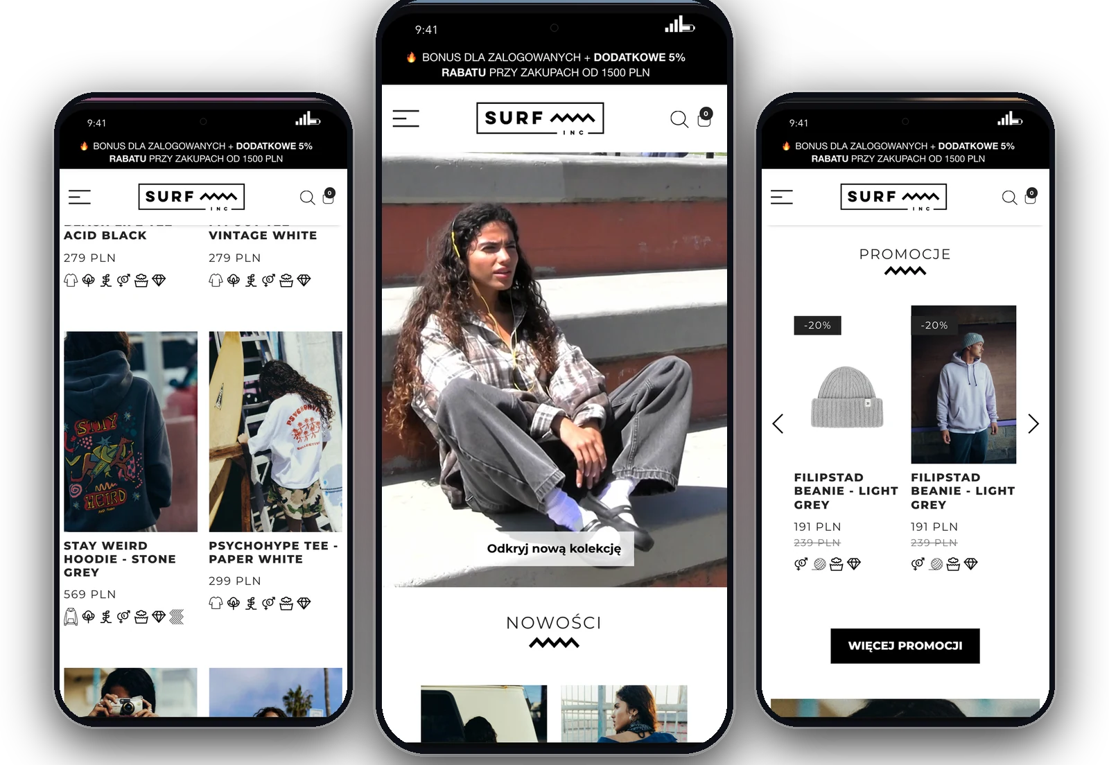 Trzy ekrany aplikacji mobilnej Surf Inc.: lista produktów, ekran główny i promocje