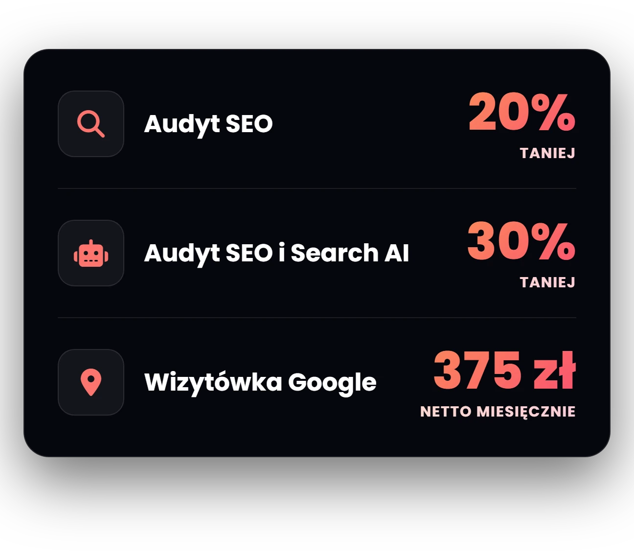 Promocja do 31 października: audyt SEO 20% taniej, audyt SEO i Search AI 30% taniej, wizytówka Google za 375 zł netto miesięcznie